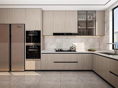 Modern Kitchen With Light Wood Cabinets Stainless Steel Appliances And Marble Countertop 3d model