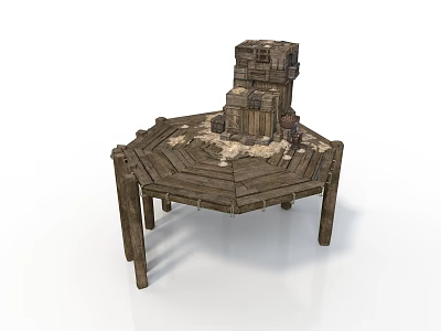 Rustic Wooden Hexagonal Table With Decorative Tower Like Elements On Top 3d model