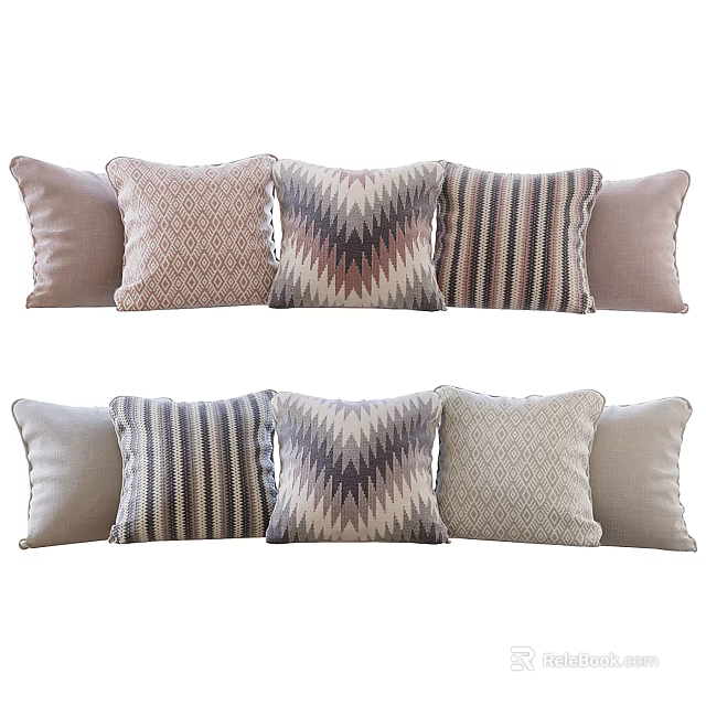 Modern Geometric Throw Pillows Set With Diamond Striped Patterns In Neutral Color Tones 3d model
