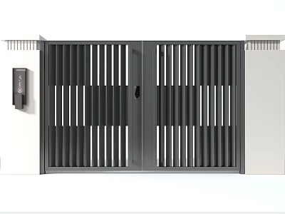 Modern Residential Entrance Gate With Black Metal Vertical Slats And Security Features 3d model