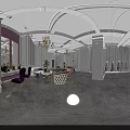 Elegant Bridal Shop Interior With Chandelier Pink Sofa Hanging Wedding Dresses And Columns