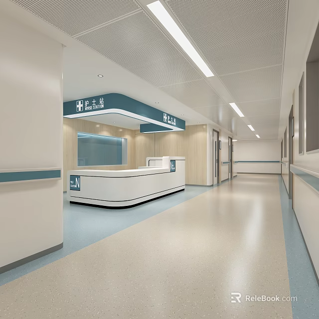 Modern Hospital Interior With Nurse Station And Corridor 3d model 