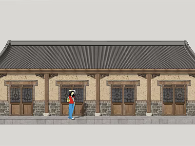Traditional Ancient Building With Wooden Doors Carvings Stone Brick Walls And Classic Roof 3d model