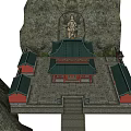 Ancient Chinese Architecture Featuring Two Story Green Tiled Roof Red Pillars And Mountain Background