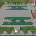 School Building Campus With Outdoor Basketball Courts Green Plants And Red Flag