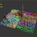Modern Urban Buildings Surrounding Tokyo Tower In Detailed Miniature City Model