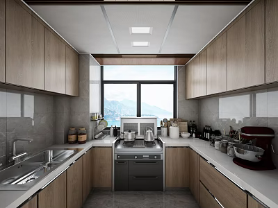 Modern Kitchen Interior With Wooden Cabinets Countertop Appliances Large Window And Mountain View 3d model