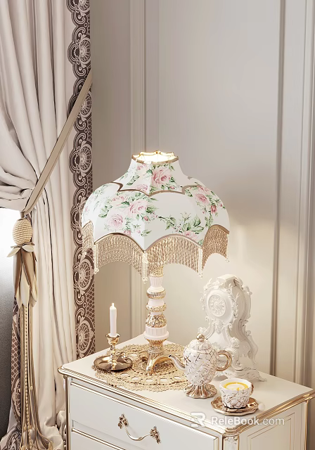 Elegant Decorative Ornament Set with Floral Rose Pattern Table Lamp and Carved White Figurine 3d model 