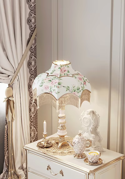 Elegant Decorative Ornament Set with Floral Rose Pattern Table Lamp and Carved White Figurine 3d model