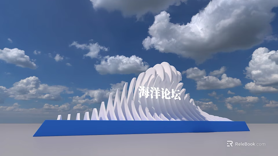 White Wave Like Art Installation For Ocean Forum With Blue Base And Cloudy Sky 3d model 