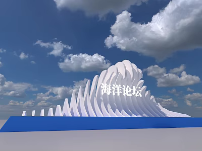 White Wave Like Art Installation For Ocean Forum With Blue Base And Cloudy Sky 3d model