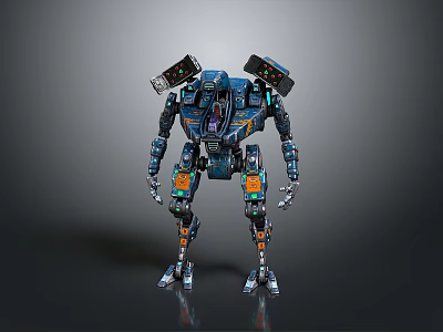 Sci Fi Robot Character With Mechanical Body Blue Orange Armor And Back Equipment 3d model