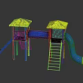 Children's Playground Equipment With Two Yellow Roofs Blue Slides And Colorful Ladders