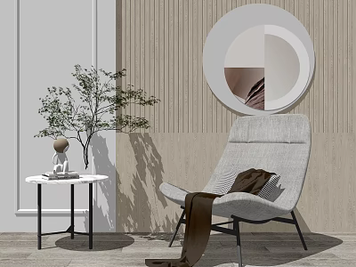 Gray Accent Chair With Brown Throw Blanket By Wooden Panel Wall And Round Mirror 3d model
