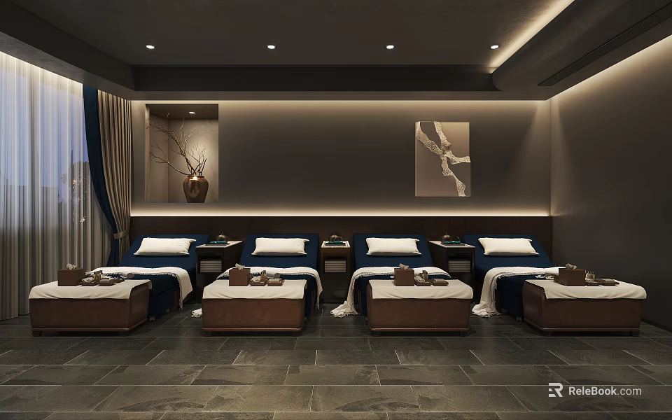 Serene SPA Sauna Interior Design With Comfortable Massage Beds Decorative Artwork And Soft Lighting 3d model 