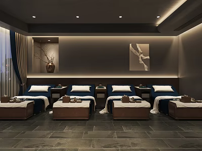 Serene SPA Sauna Interior Design With Comfortable Massage Beds Decorative Artwork And Soft Lighting 3d model
