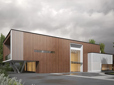 Contemporary Shopping Mall Store with Wooden Panel Exterior Large Glass Windows and White Grid Design 3d model