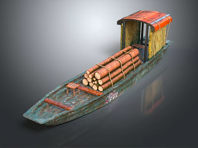 Old Boat Transporting Logs With Canopy Structure 3d model