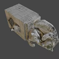Realistic 3D Model Of Stone Block Structure With Clinging Bear Sculptures