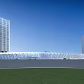 Modern Urban Architectural Complex With Curved Glass Structure Tall Buildings And Parking Lots