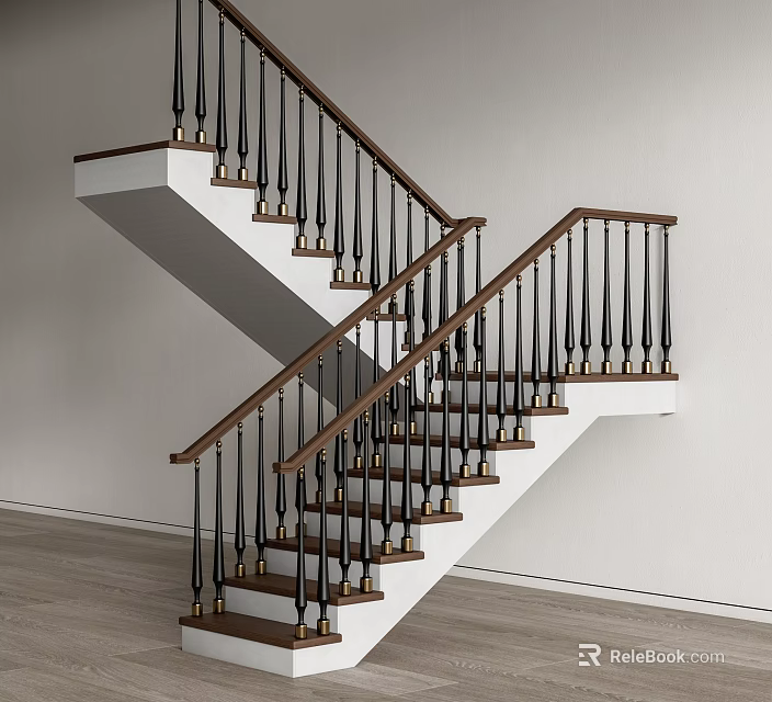 Modern Staircase Interior Design With Wooden Handrail Black Balusters And White Risers 3d model 