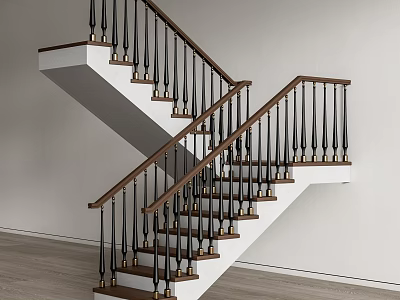 Modern Staircase Interior Design With Wooden Handrail Black Balusters And White Risers 3d model