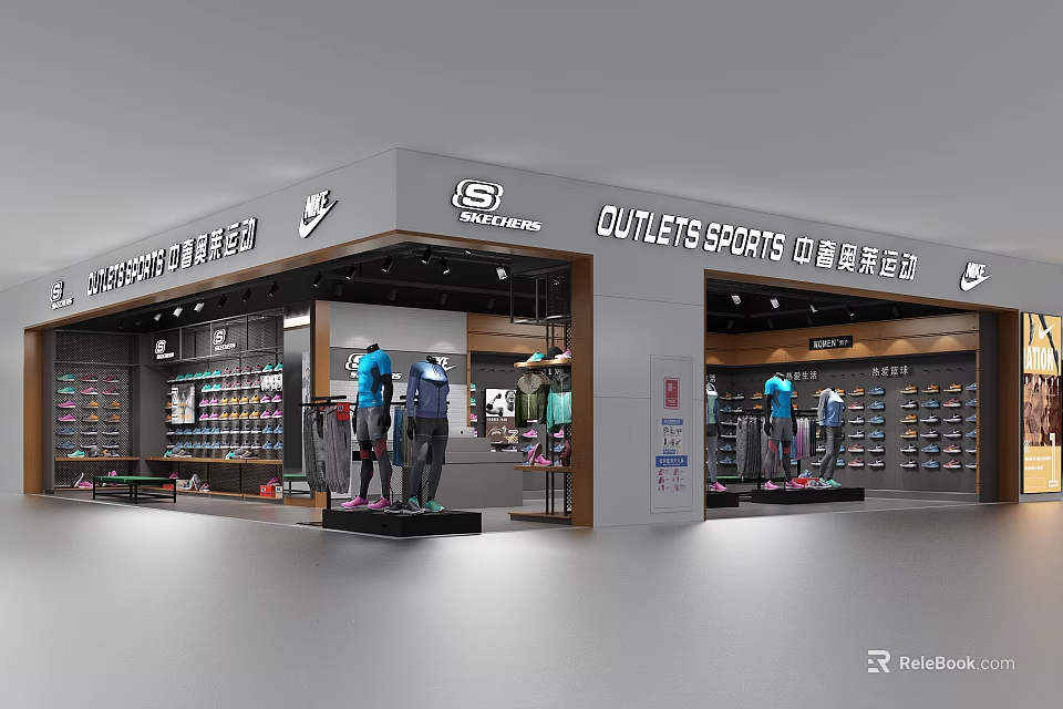 Sport Outlet Store Featuring Athletic Apparel Shoes And Mannequin Displays 3d model 