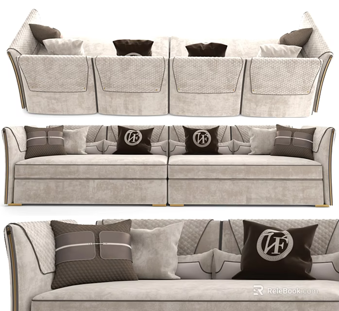 Modern Casual Sectional Sofa Set With Decorative Pillows Linen Upholstery And Neutral Tones 3d model 