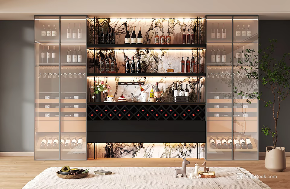 Modern Wine Cabinet With Glass Doors Wine Bottles And Marble Backsplash 3d model 