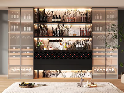 Modern Wine Cabinet With Glass Doors Wine Bottles And Marble Backsplash 3d model