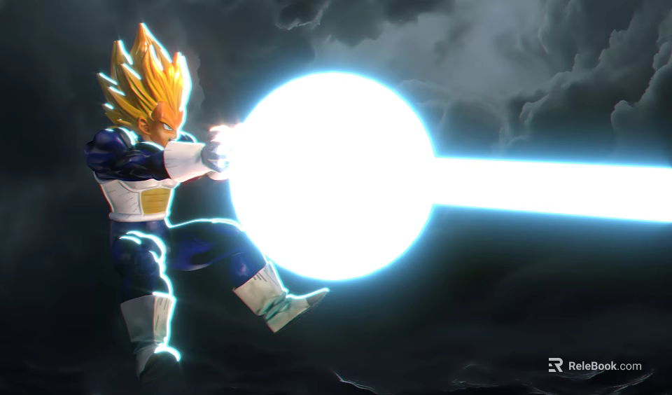 Decorative Figurine Set Featuring Blonde Character With Energy Ball And Dynamic Pose Dark Cloudy Background 3d model 