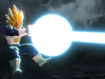 Decorative Figurine Set Featuring Blonde Character With Energy Ball And Dynamic Pose Dark Cloudy Background 3d model