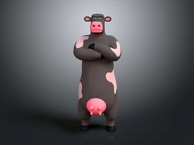 Cartoon Cow 3D Character With Crossed Arms Standing Pose Black And Pink Body Anthropomorphic Design 3d model