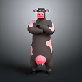 Cartoon Cow 3D Character With Crossed Arms Standing Pose Black And Pink Body Anthropomorphic Design