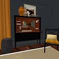 Modern Entryway Console Table And Side Cabinet With Yellow Cushion Chair Wall Art And Woven Rug