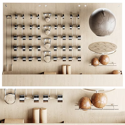 Fitness Equipment Display With Dumbbells Kettlebells Medicine Balls And Storage Racks 3d model