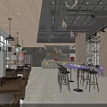 Modern Cafe Interior Design With Cozy Sofas Bar Stools Hanging Lights And Green Plants 3d model