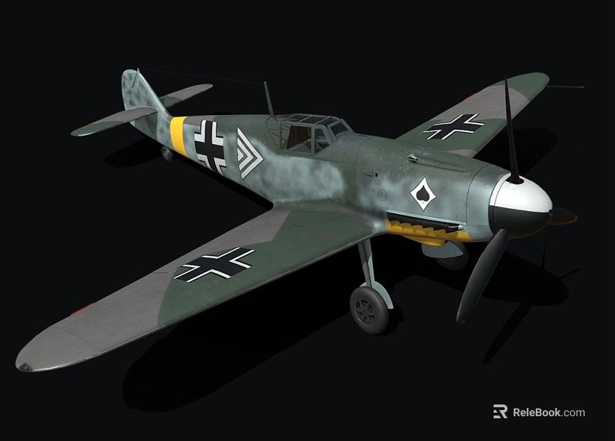 Vintage Fighter Plane with Green Gray Camouflage Black Cross on Wings Single Engine Propeller Design 3d model 