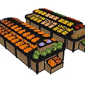 Fruit Display Shelves in Grocery Store with Fresh Oranges Apples Watermelons and Tiered Racks