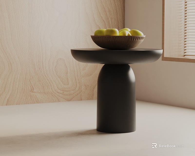Black Side Table With Round Top Cylindrical Base Holding Brown Bowl Green Fruits 3d model 