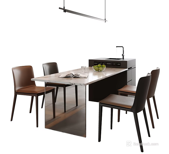 Modern Rectangular Dining Table Set With Leather Chairs And Fruit Bowl On Tabletop 3d model 