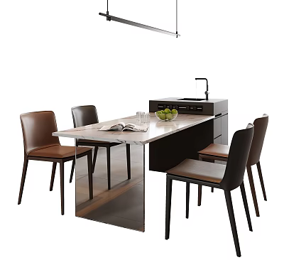 Modern Rectangular Dining Table Set With Leather Chairs And Fruit Bowl On Tabletop 3d model