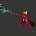Female Warrior In Ornate Armor Wielding Spear With Purple Hair Red Cape Gold Stars