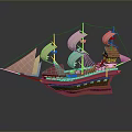 Detailed Pirate Ship Model With White Sails Red Hull And Skull Flag