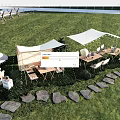 Outdoor Canopy Tent Setup With Grass Tables Chairs And Stone Path