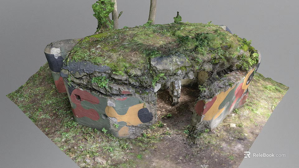 Military Weapon Bunker Structure with Camouflage Paint Moss Covered Surface and Surrounding Trees 3d model 