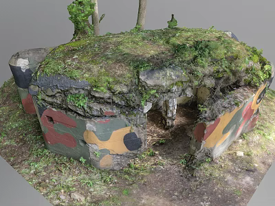 Military Weapon Bunker Structure with Camouflage Paint Moss Covered Surface and Surrounding Trees 3d model