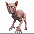 Hairless Alien Like Creature With Wrinkled Skin Large Eyes And Pointed Ears On Black Background