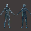 Blue Humanoid Biomechanical Characters With Front And Back Views And Detailed Body Structure