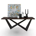 Modern Dining Table With Wooden Top Geometric Metal Legs Decorative Items And Abstract Painting